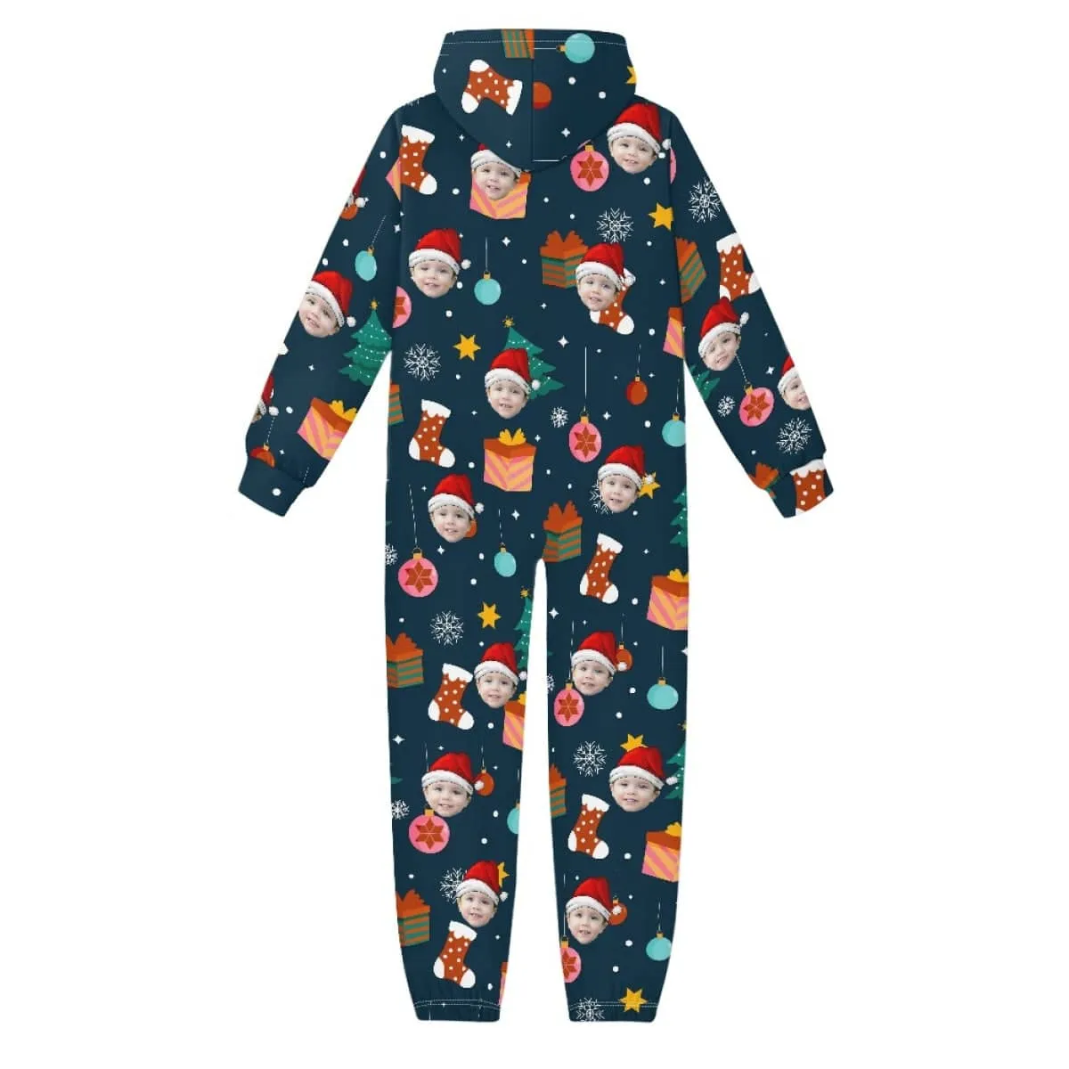 Custom Face Christmas Santa Hat Unisex Jumpsuits Zip Up Hoodie Onesie with Pockets for Kids Boys Girls