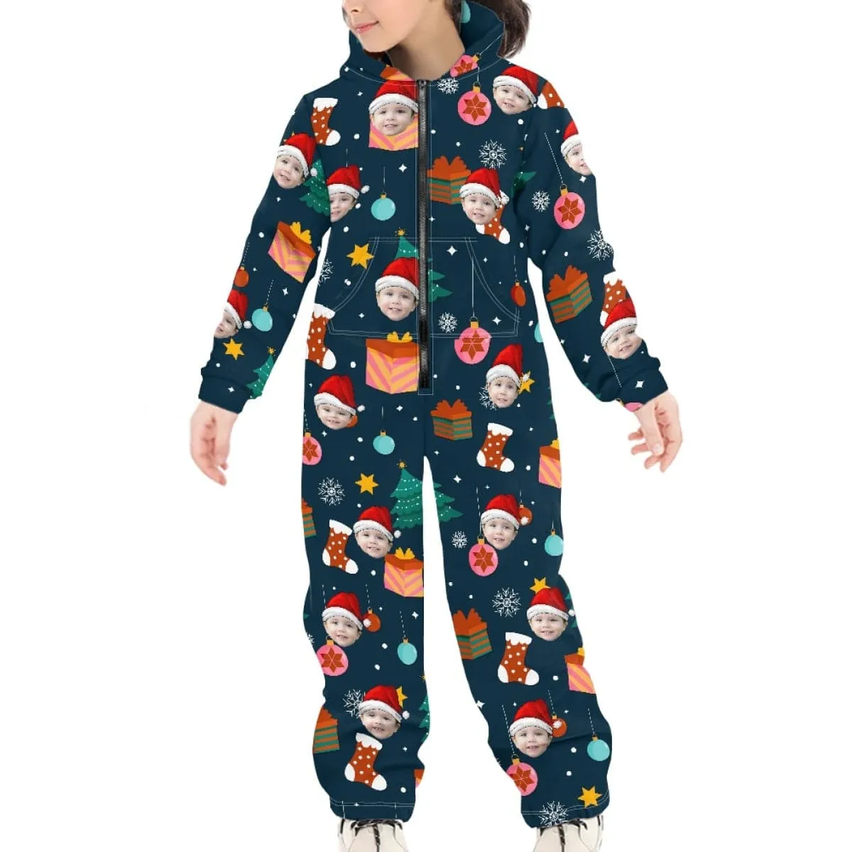 Custom Face Christmas Santa Hat Unisex Jumpsuits Zip Up Hoodie Onesie with Pockets for Kids Boys Girls