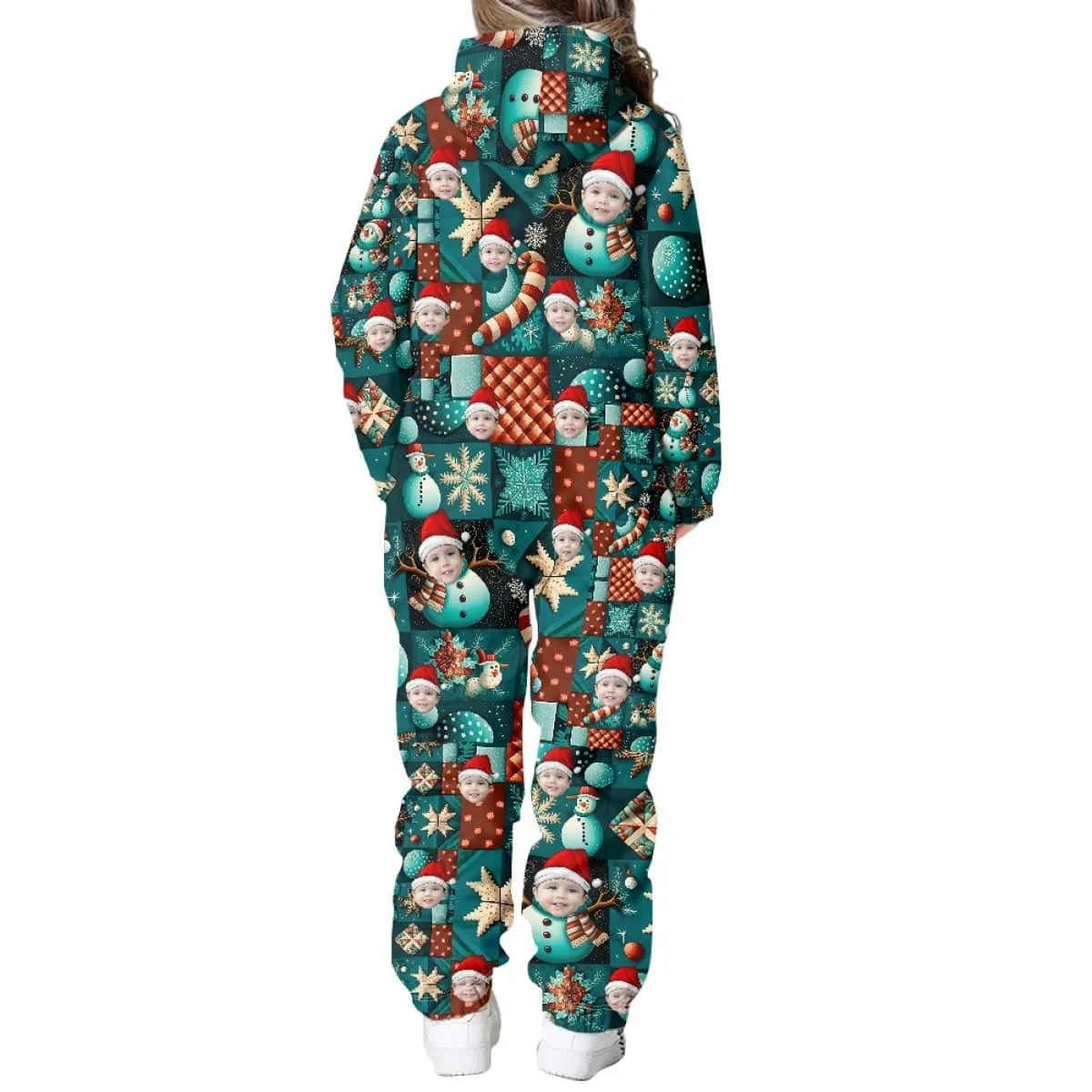 Custom Face Family Hooded Onesie Jumpsuits with Pocket Christmas Snowman Personalized Zip One-piece Pajamas for Adult kids