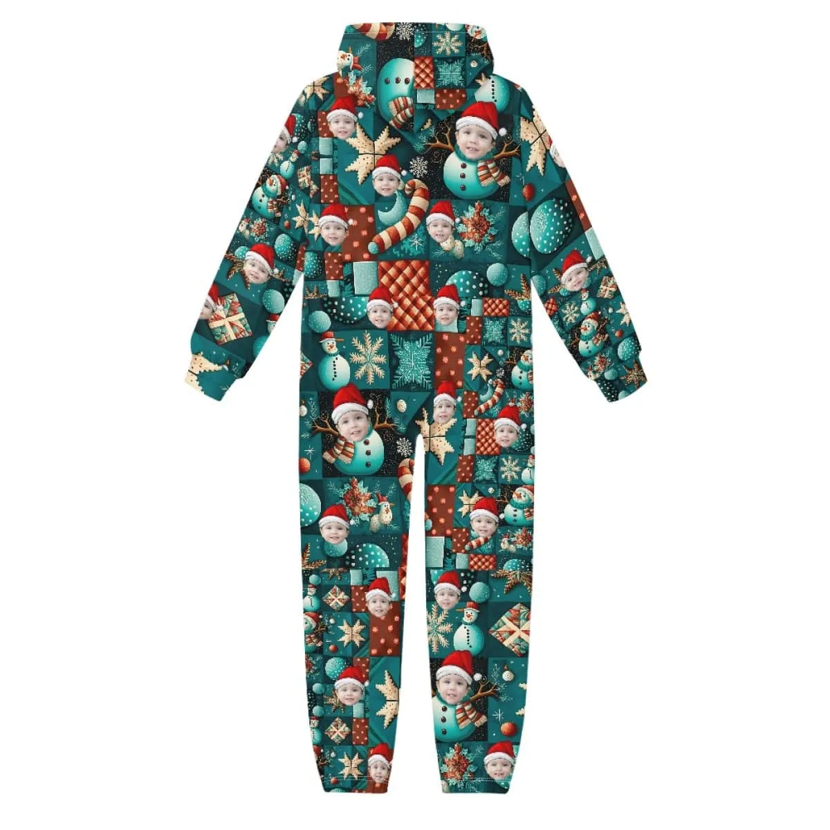 Custom Face Family Hooded Onesie Jumpsuits with Pocket Christmas Snowman Personalized Zip One-piece Pajamas for Adult kids