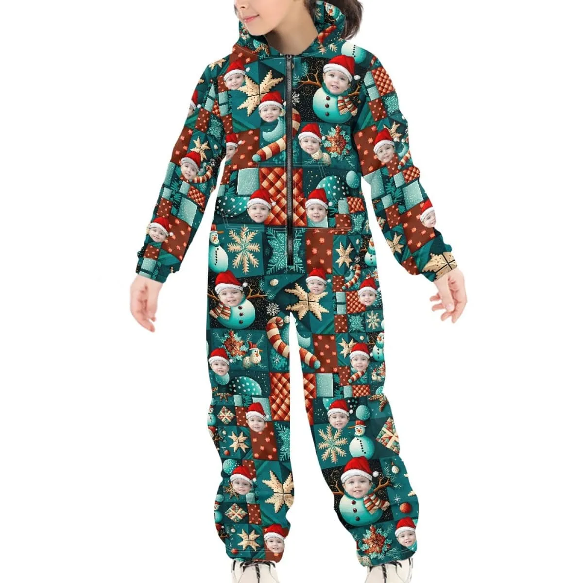 Custom Face Family Hooded Onesie Jumpsuits with Pocket Christmas Snowman Personalized Zip One-piece Pajamas for Adult kids