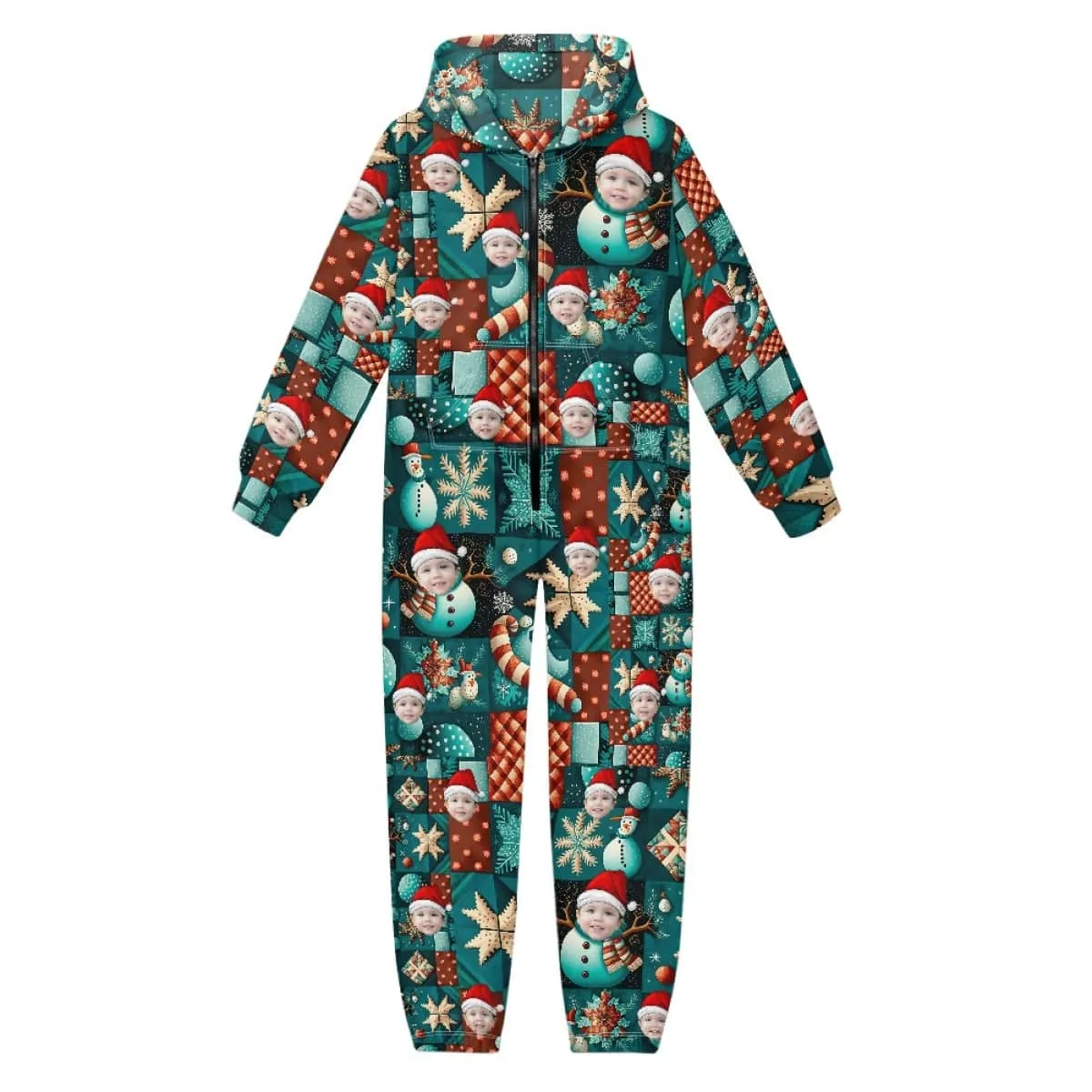 Custom Face Family Hooded Onesie Jumpsuits with Pocket Christmas Snowman Personalized Zip One-piece Pajamas for Adult kids