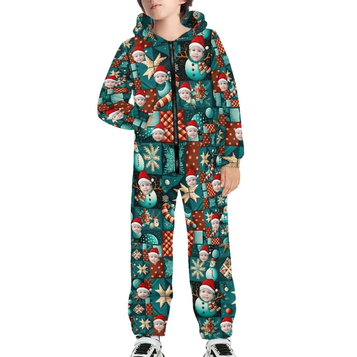 Custom Face Family Hooded Onesie Jumpsuits with Pocket Christmas Snowman Personalized Zip One-piece Pajamas for Adult kids