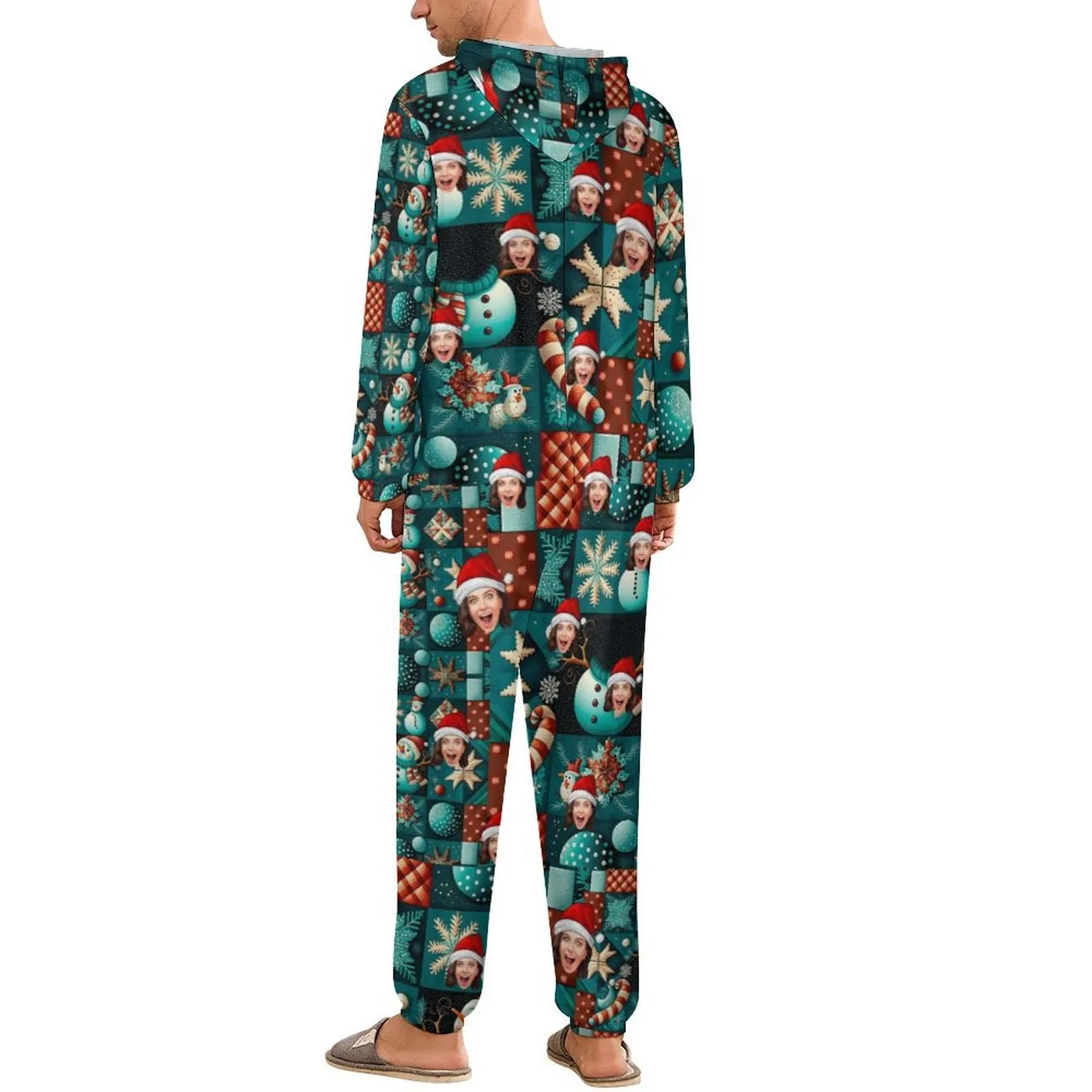 Custom Face Family Hooded Onesie Jumpsuits with Pocket Christmas Snowman Personalized Zip One-piece Pajamas for Adult kids