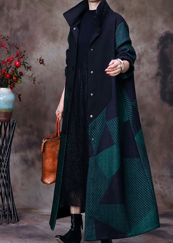 Fitted Green Patchwork Woolen Coats Winter