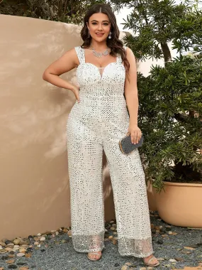 Formal Chic Sequin Mesh Wide Leg Trousers & Deep V-Neck Cami Bodysuit