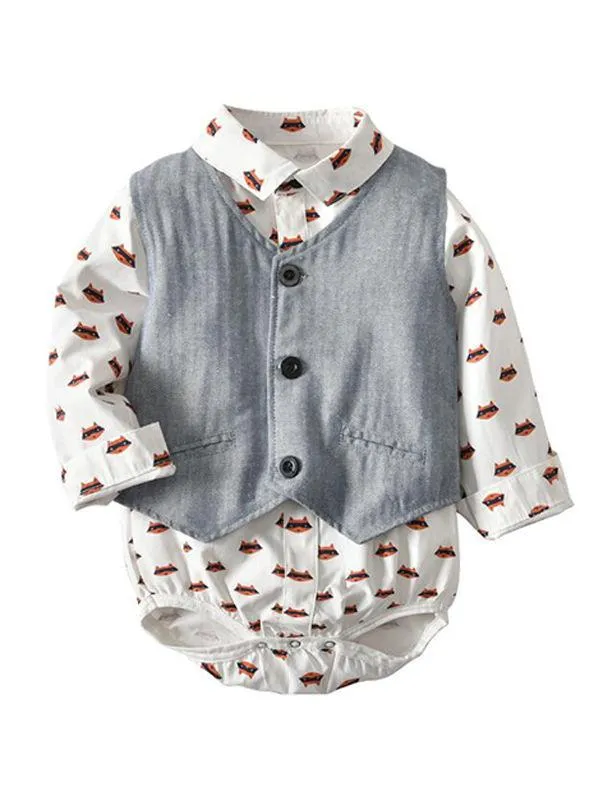 Fox Print Romper Vest Pants Set Baby Boys Long-sleeve Top Trousers