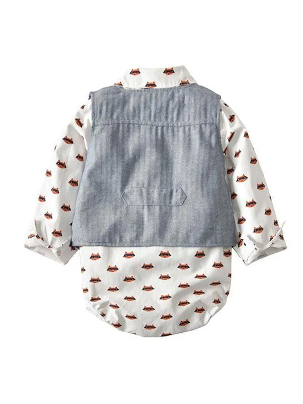 Fox Print Romper Vest Pants Set Baby Boys Long-sleeve Top Trousers