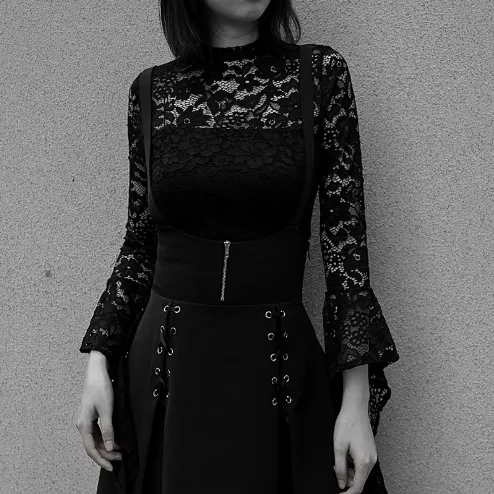 Gothic Flare Long Sleeve Bodysuit Lace Up Skirt