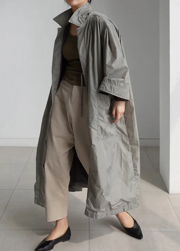 Grey Peter Pan Collar Tie Waist Trench Coats Long Sleeve