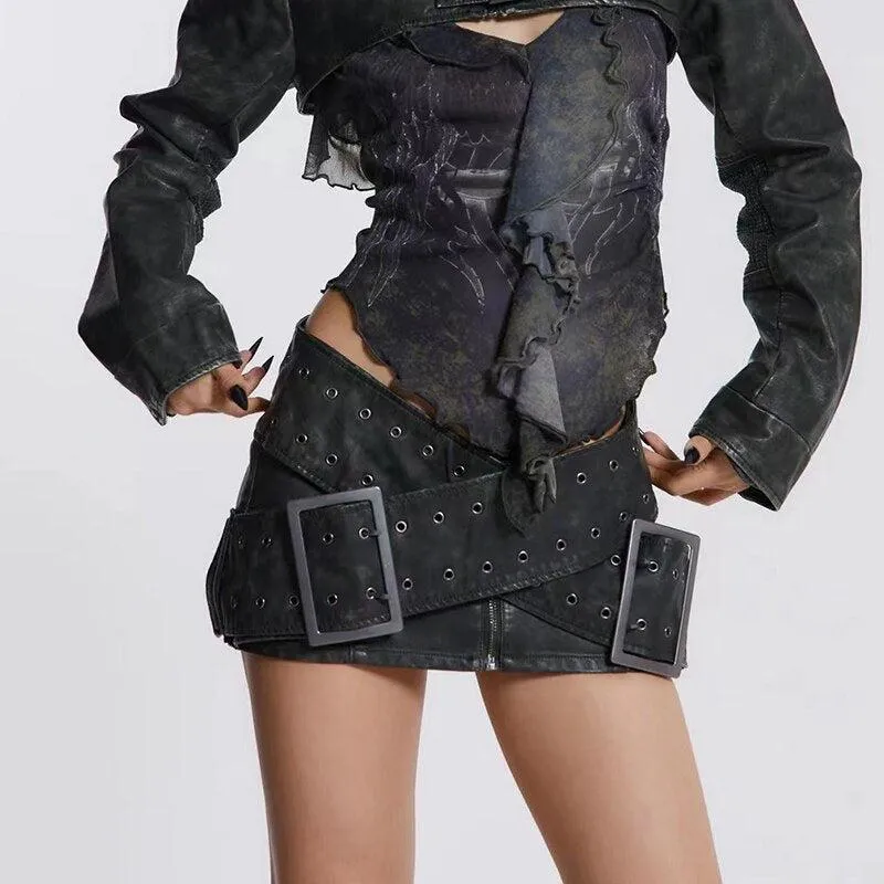 Grunge Cross Belt Faux Leather Mini Skirt