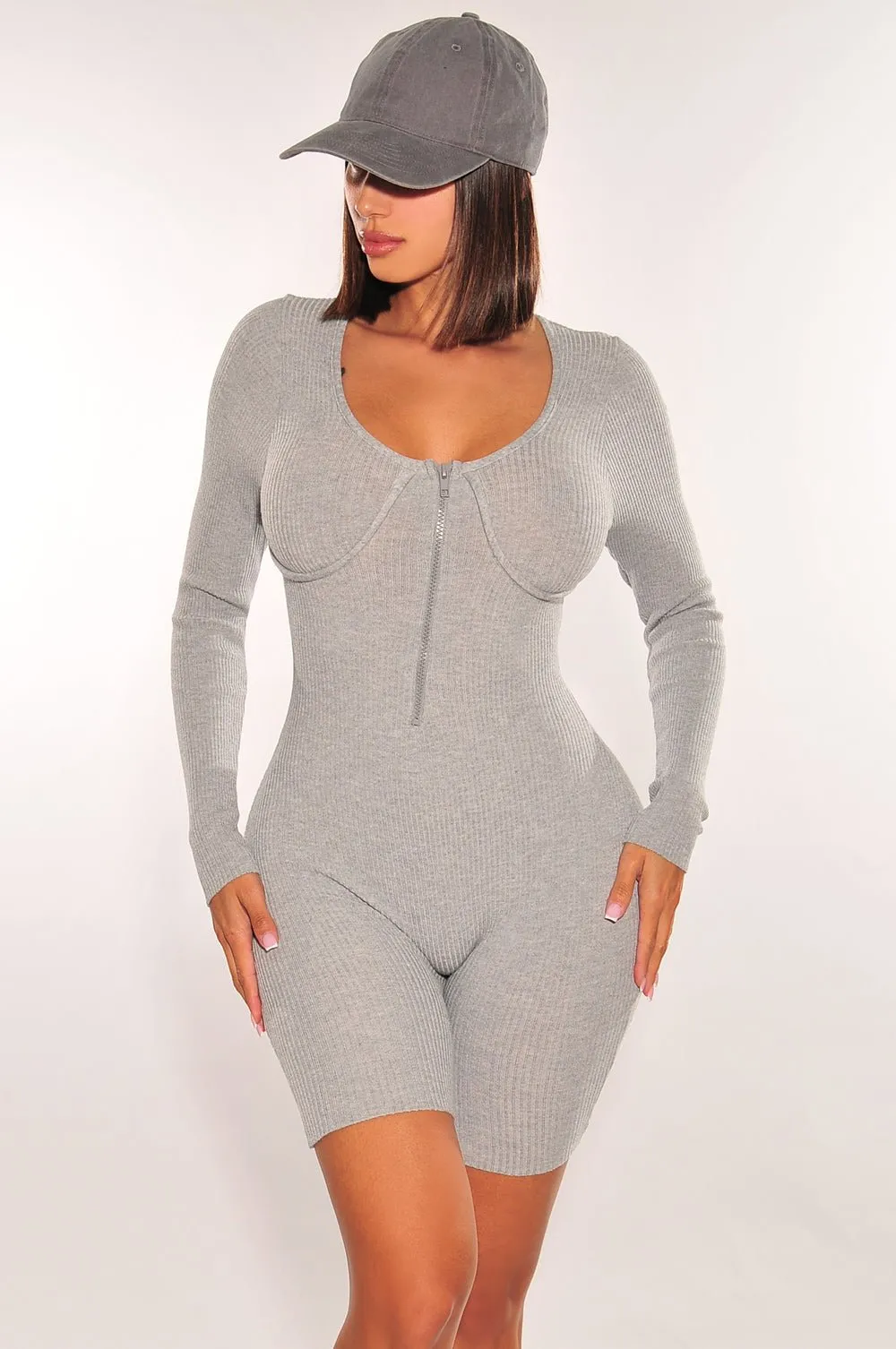 HMS Essential: Gray Ribbed Knit Faux Bustier Zipper Long Sleeves Romper