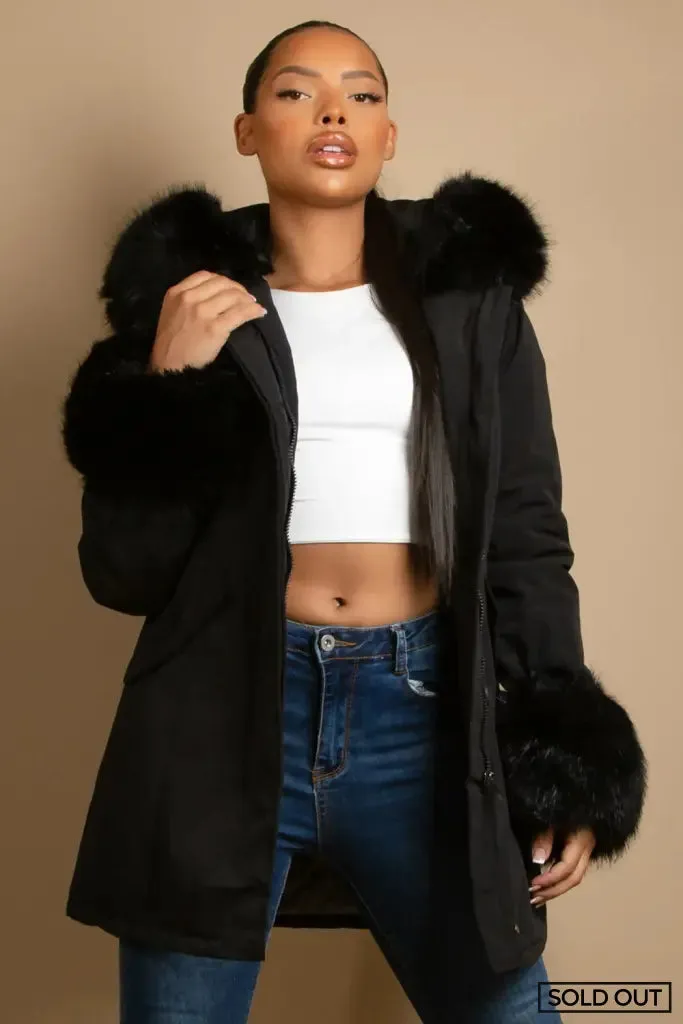 Hooded Parka Coat With Chunky Faux Fur Cuff