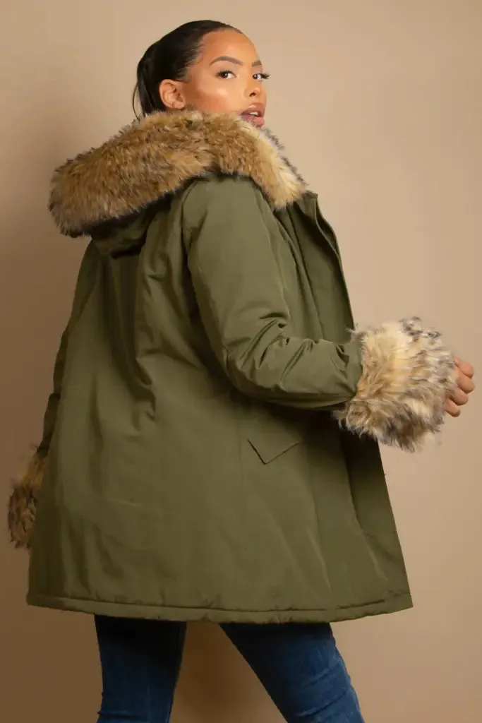 Hooded Parka Coat With Chunky Faux Fur Cuff