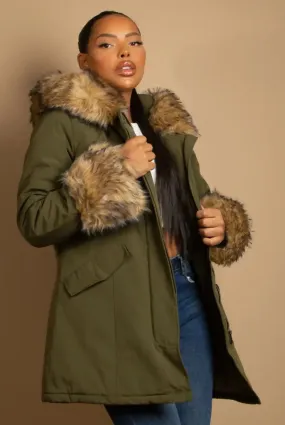 Hooded Parka Coat With Chunky Faux Fur Cuff