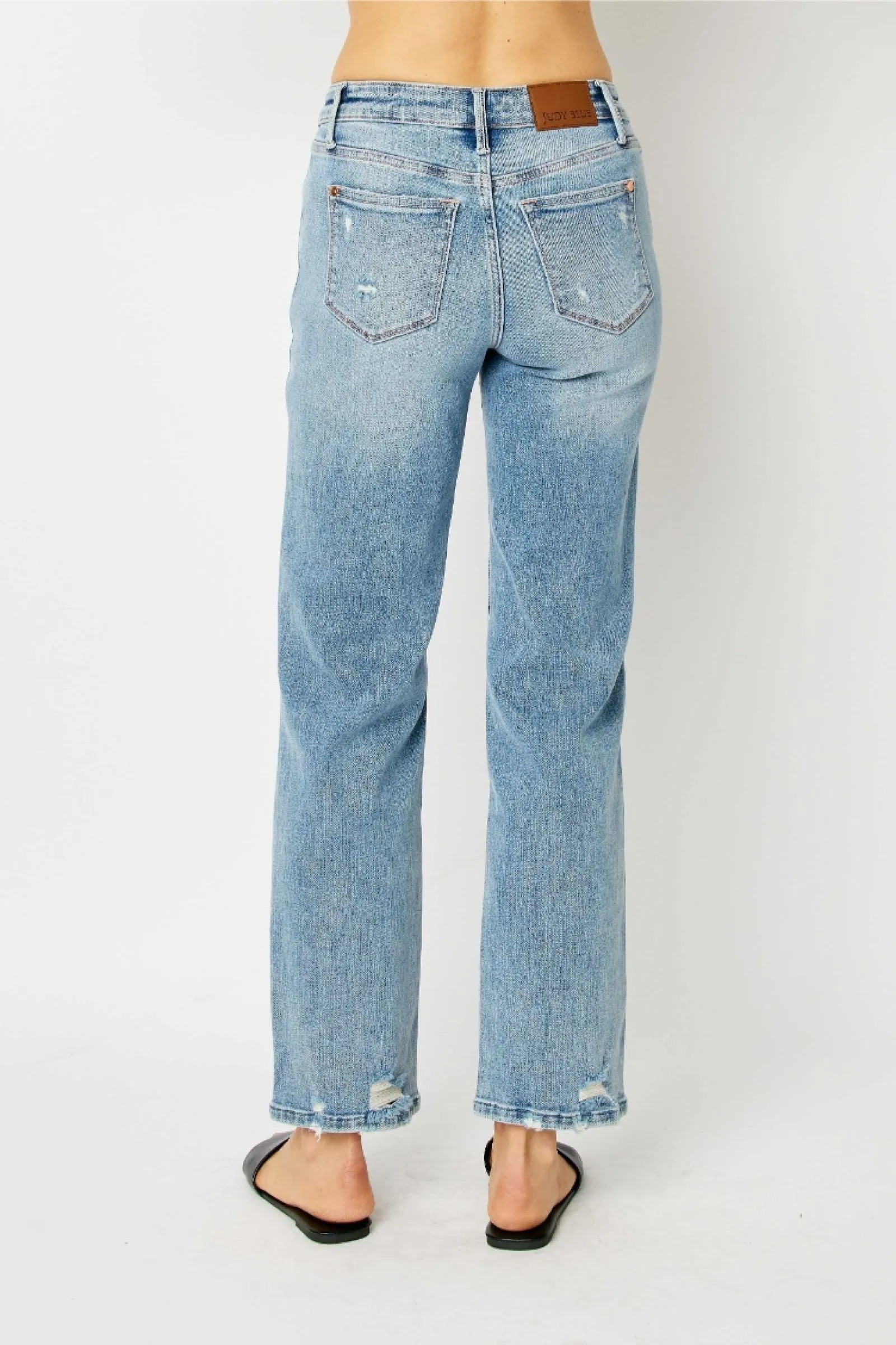 Judy Blue Mid Rise Medium Wash Destroy Straight Leg Jeans