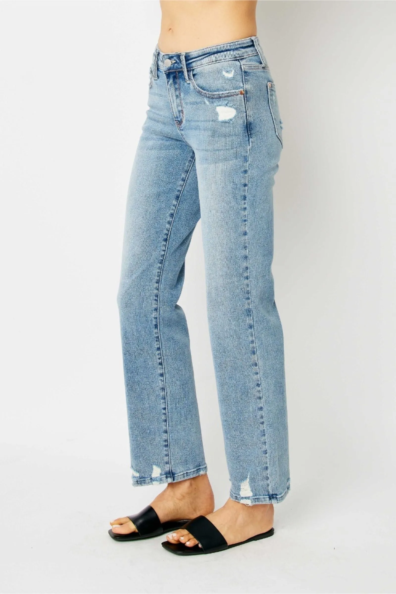 Judy Blue Mid Rise Medium Wash Destroy Straight Leg Jeans