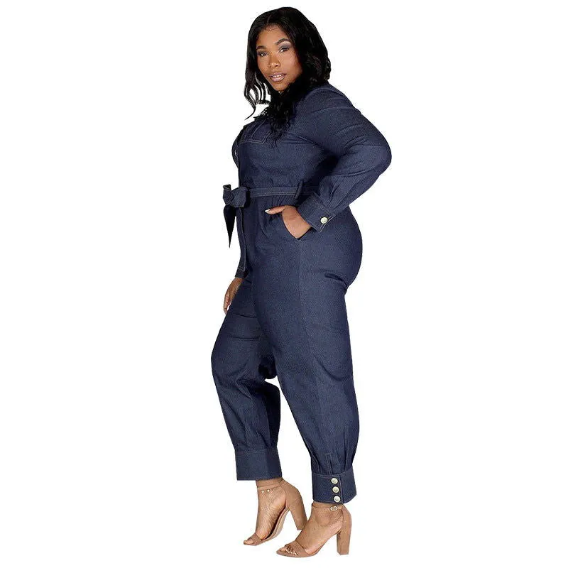 Long Sleeve Button Decor Collared Plus Size Denim Jumpsuits