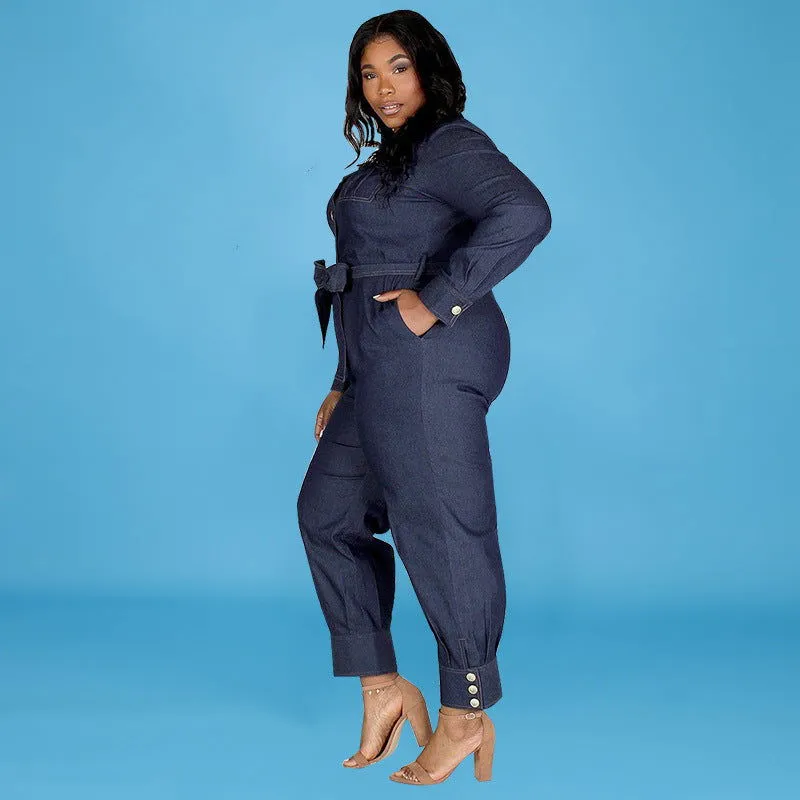 Long Sleeve Button Decor Collared Plus Size Denim Jumpsuits