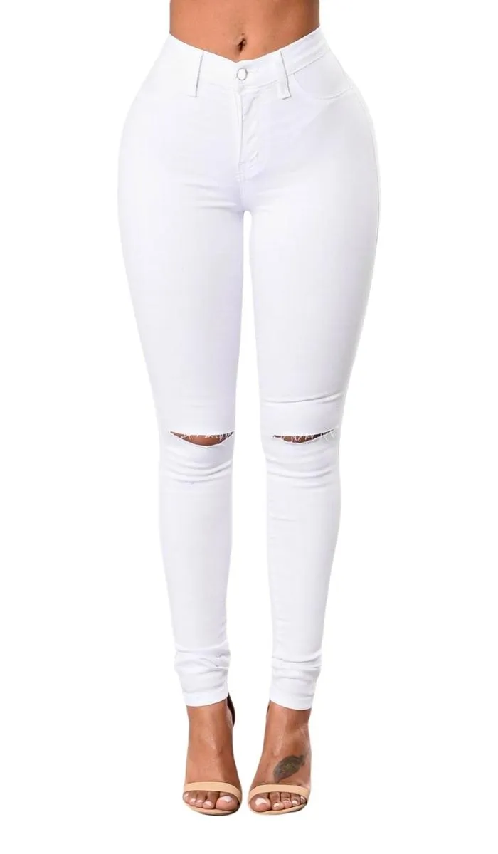 Luexco Women's Slit Knee Skinny Jeans Solid Denim Pants