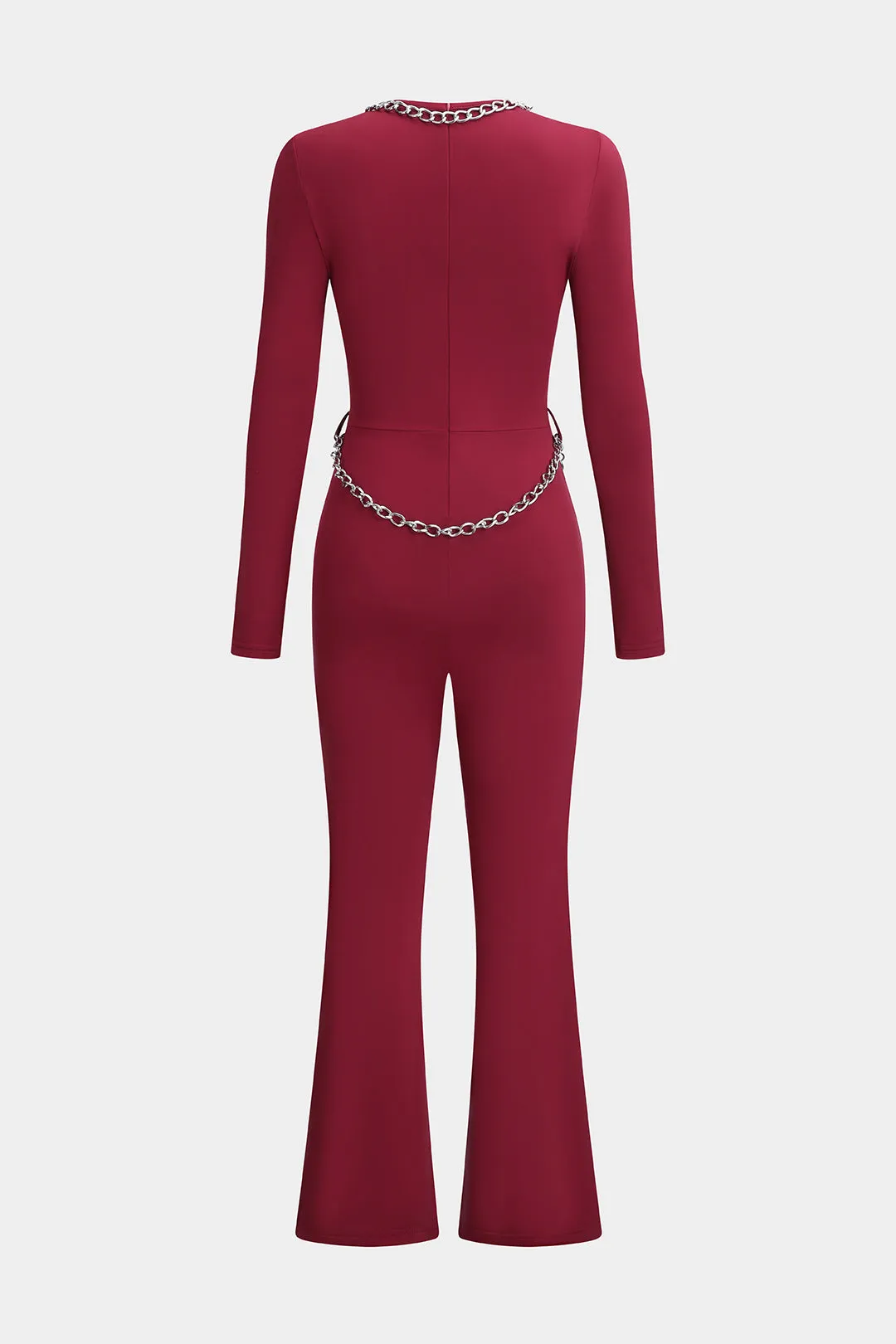 Metallic Chain Cut Out Long Sleeve Jumpsuit