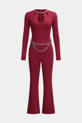 Metallic Chain Cut Out Long Sleeve Jumpsuit