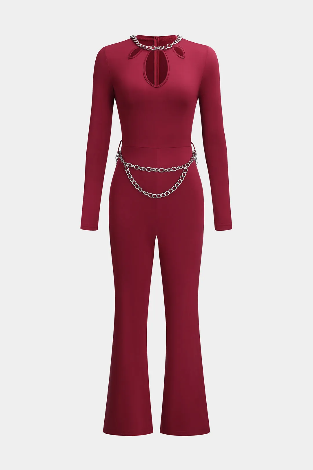 Metallic Chain Cut Out Long Sleeve Jumpsuit