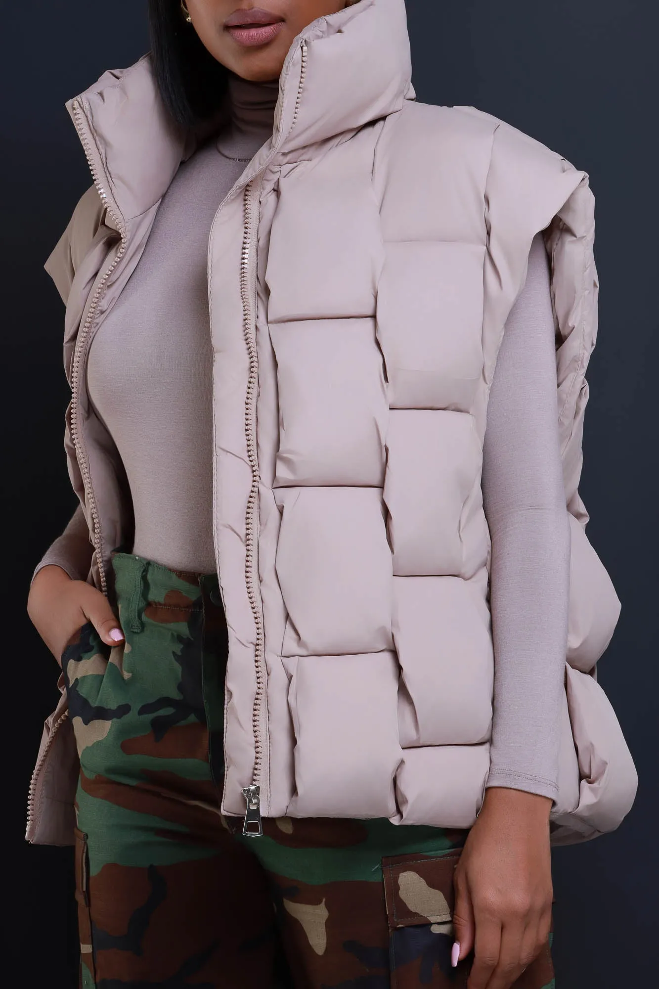 Nowhere Fast Sleeveless Oversized Puffer Vest - Taupe