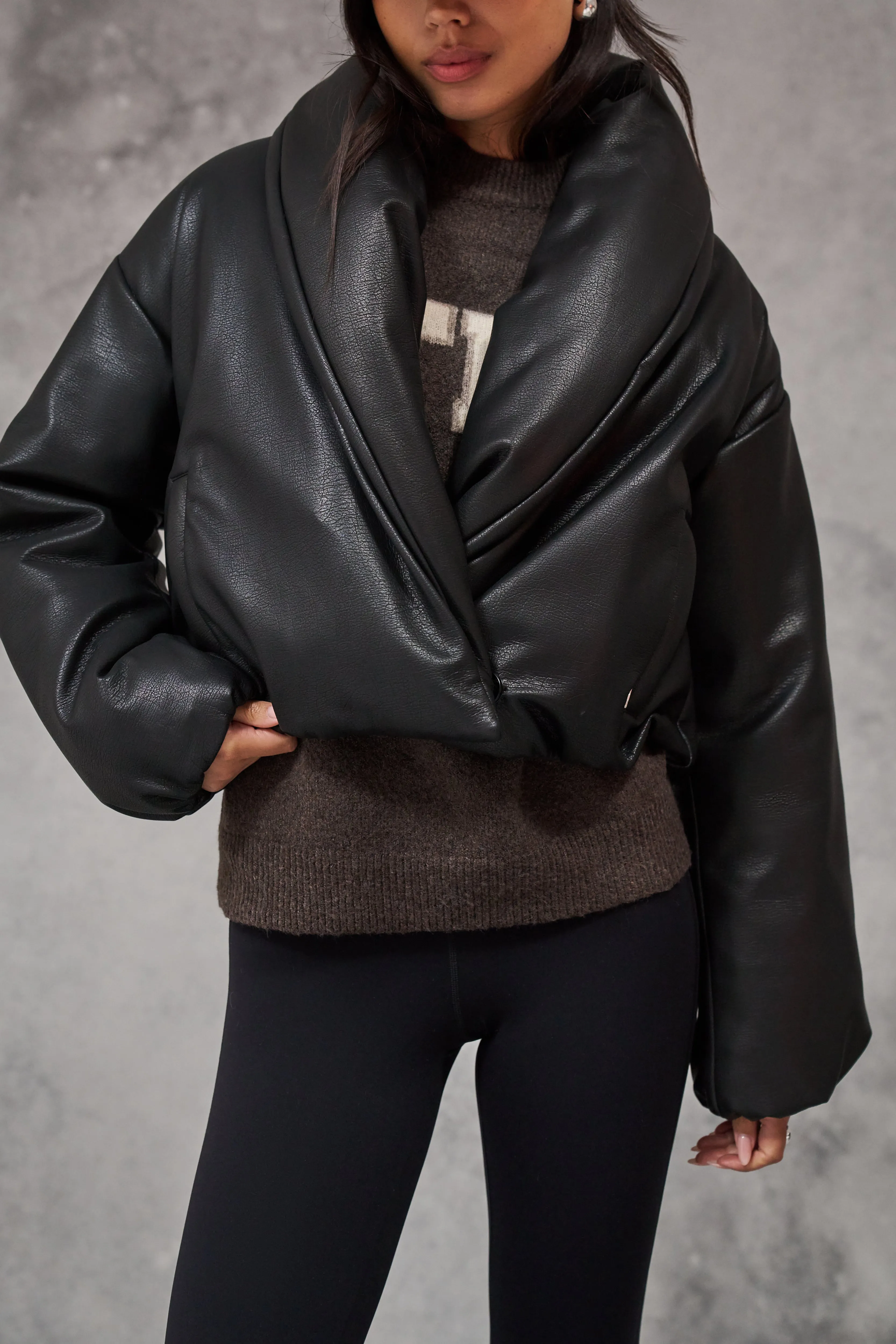 OVERSIZED COLLAR FAUX LEATHER PUFFER COAT - BLACK