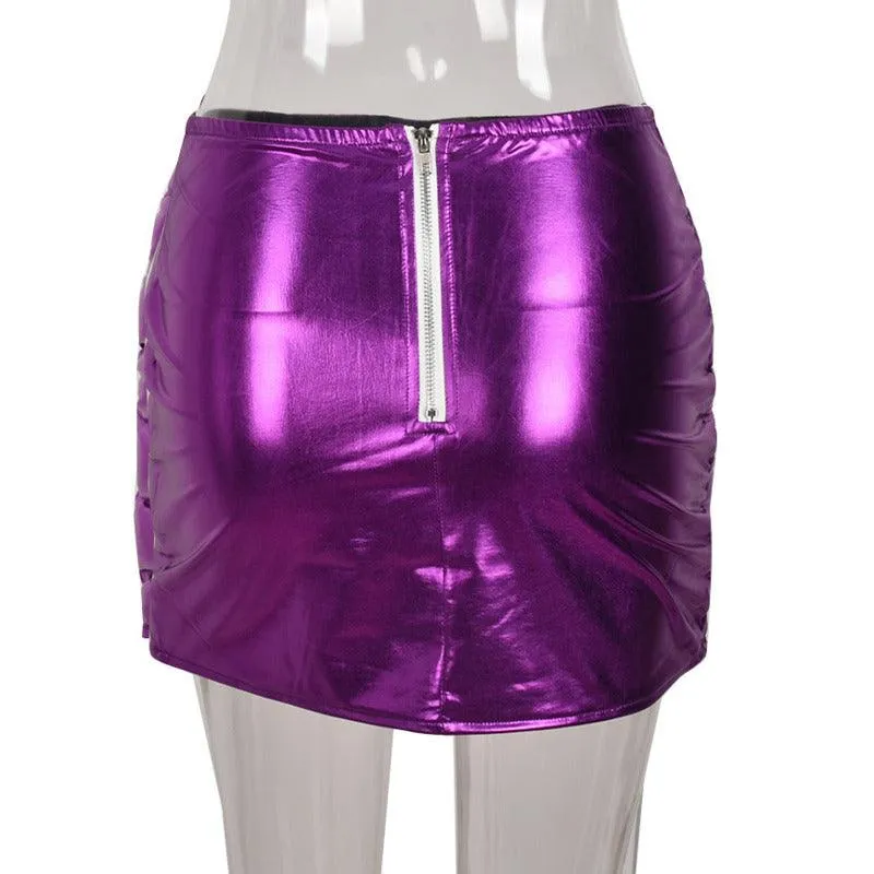 Purple Puffer Mini Skirt Metallic Shiny Warm Quilted