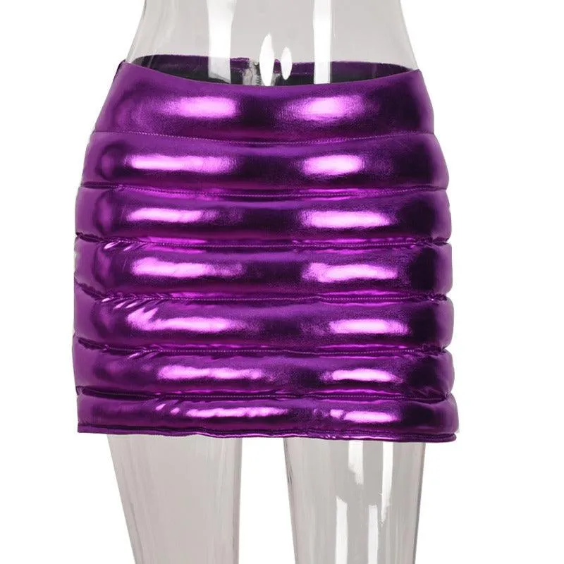 Purple Puffer Mini Skirt Metallic Shiny Warm Quilted