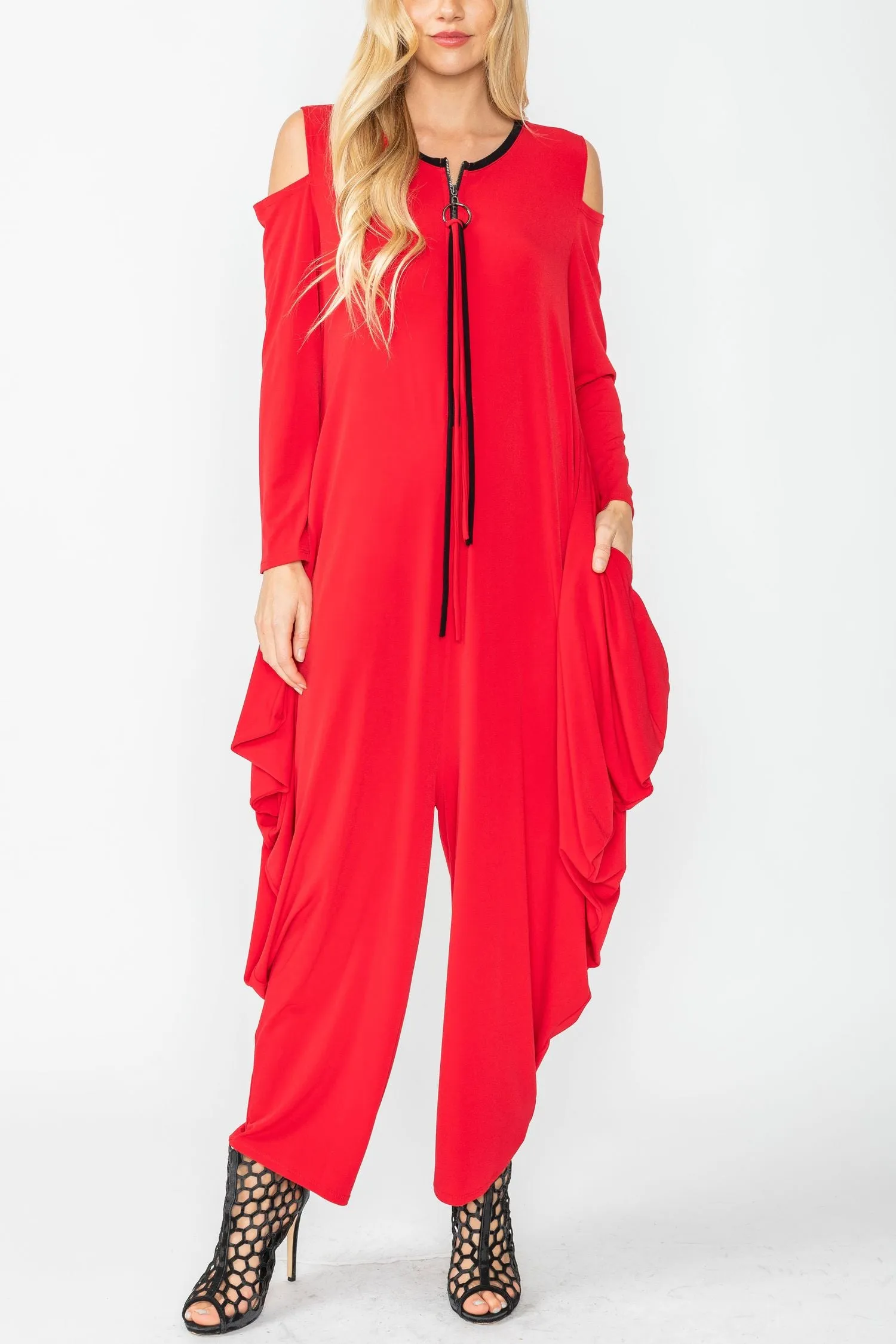 Red Cold Shoulder Sleeve Jumpsuits