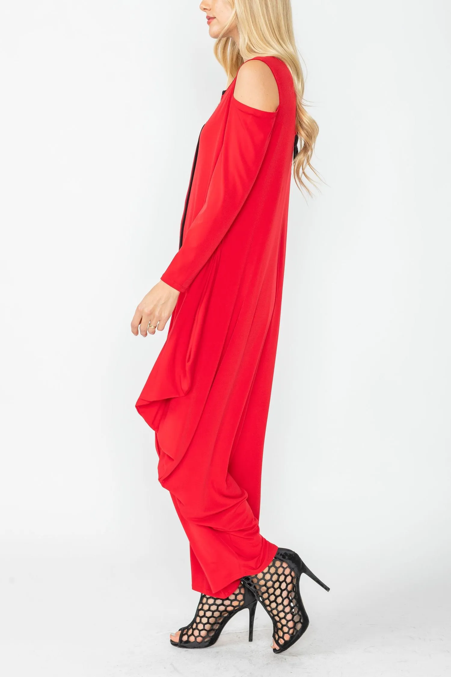 Red Cold Shoulder Sleeve Jumpsuits