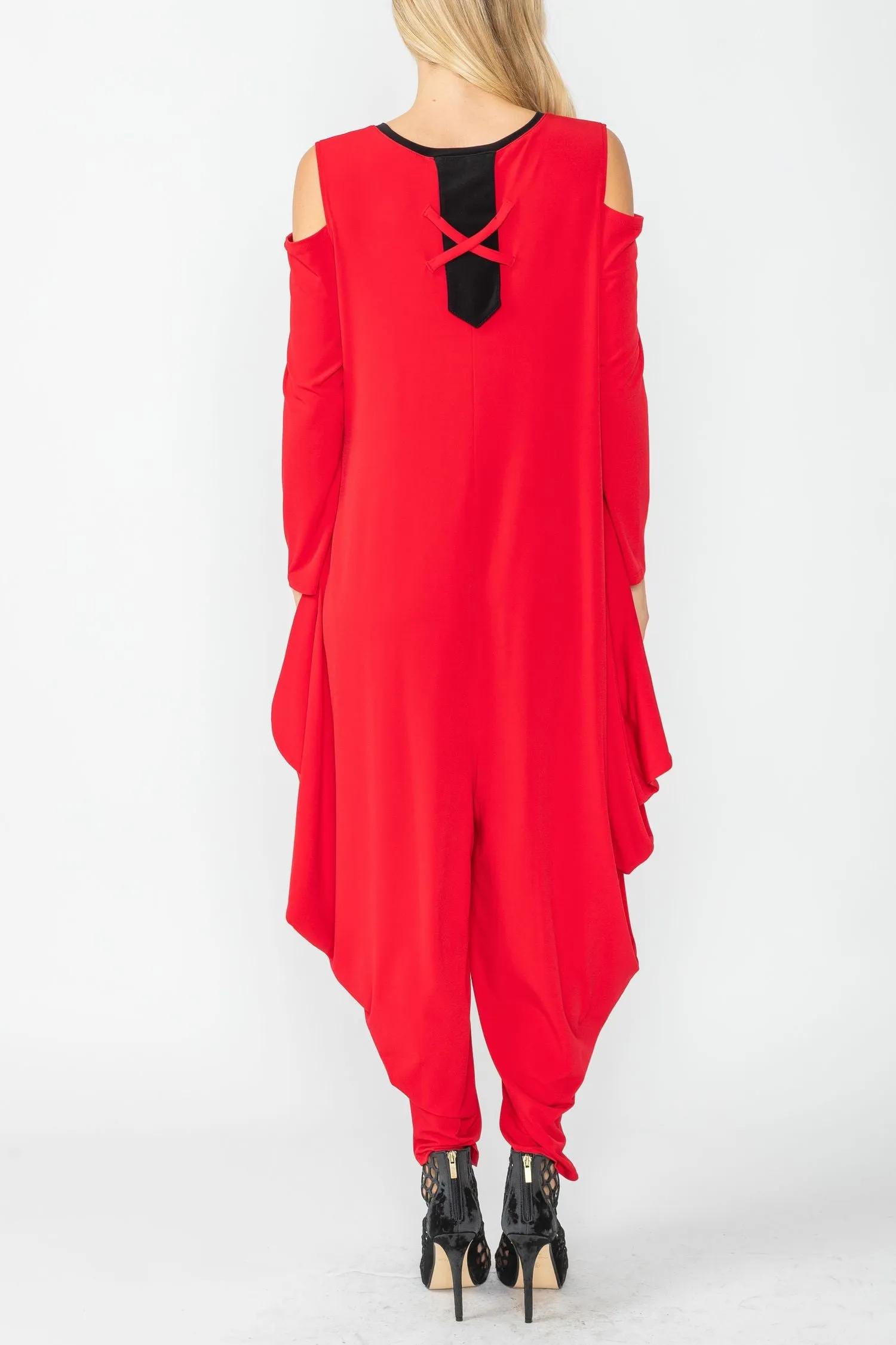 Red Cold Shoulder Sleeve Jumpsuits