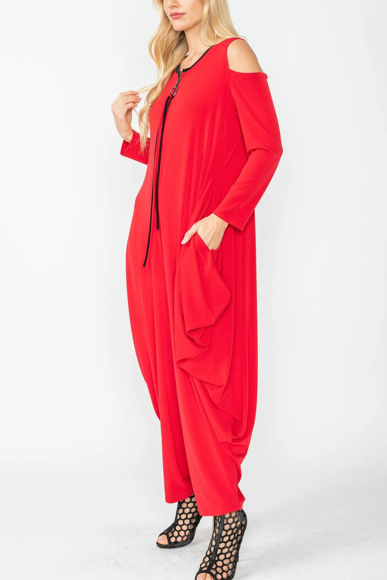 Red Cold Shoulder Sleeve Jumpsuits