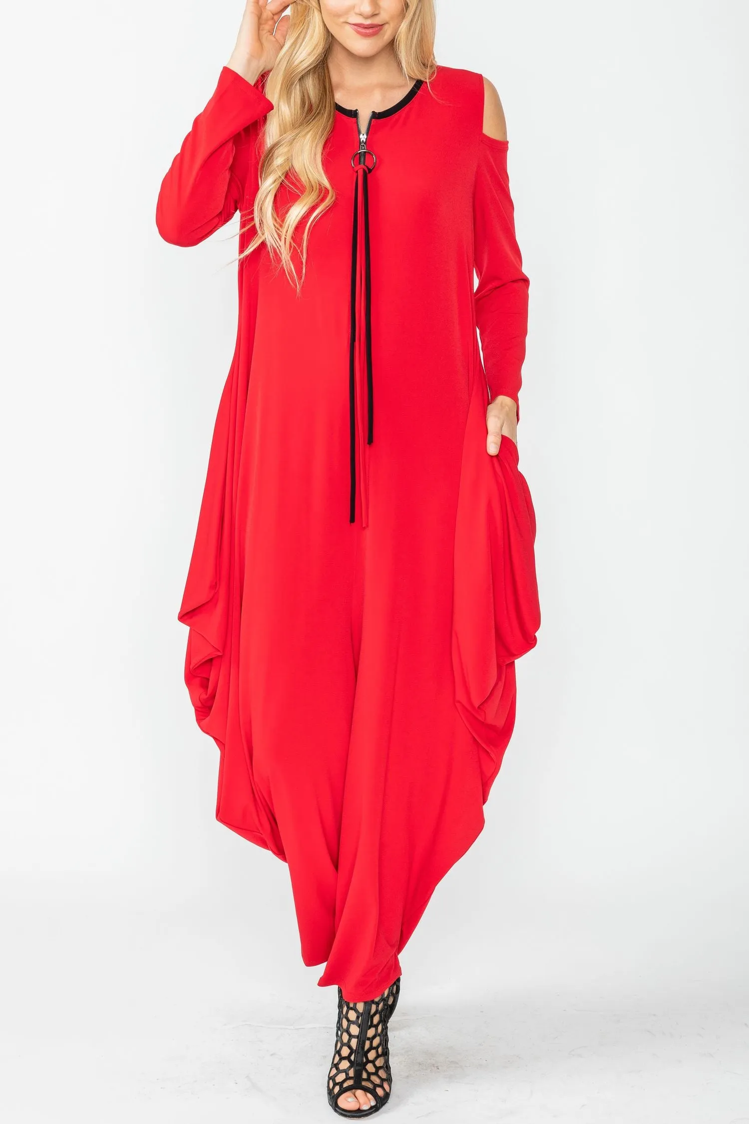 Red Cold Shoulder Sleeve Jumpsuits