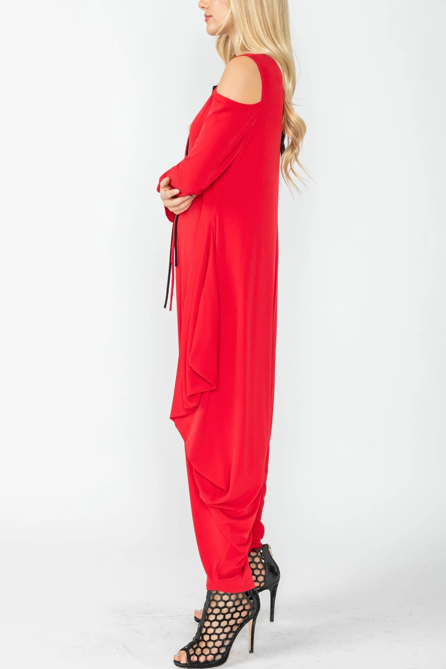 Red Cold Shoulder Sleeve Jumpsuits