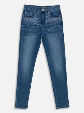 Rhinestone Denim Skinny Jeans In Indigo Wash (7-16)