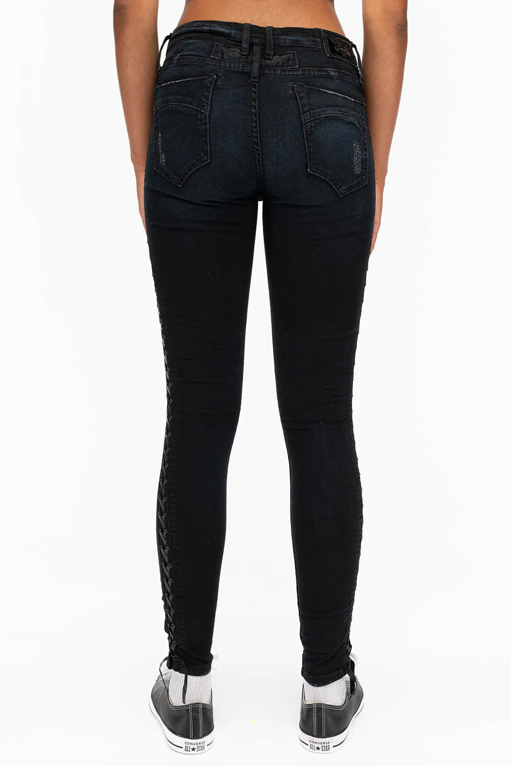 ROBIN'S WOMENS SKINNY MOTO JEANS IN F_D UP BLACK