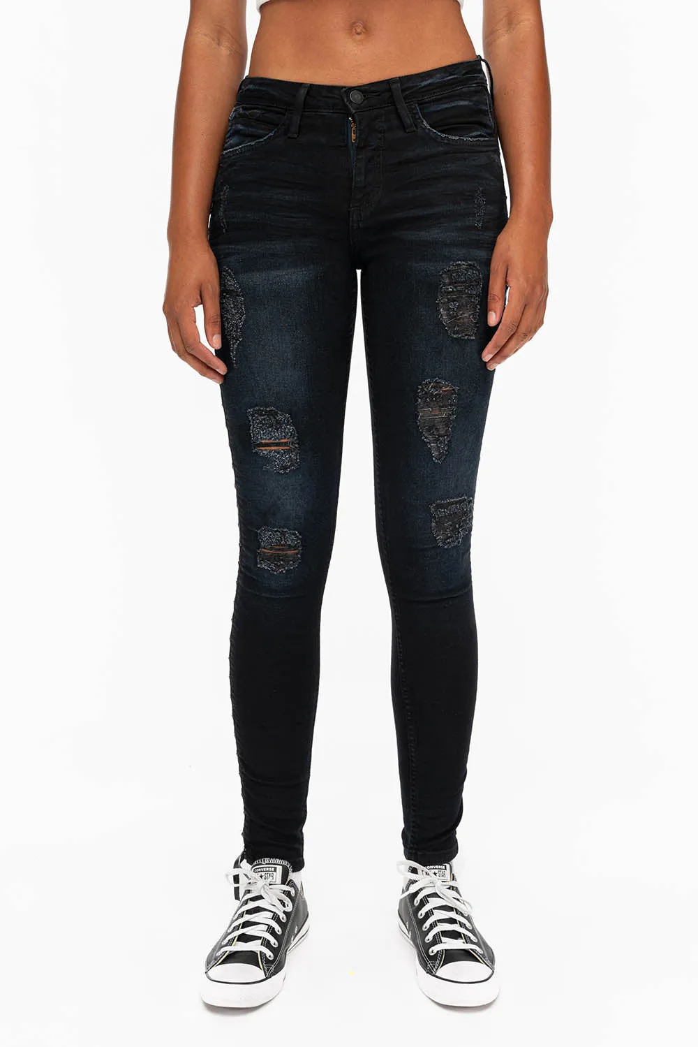 ROBIN'S WOMENS SKINNY MOTO JEANS IN F_D UP BLACK