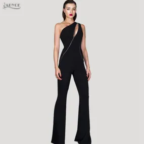 Sexy Black One Shoulder Bandage Long Women Jumpsuit