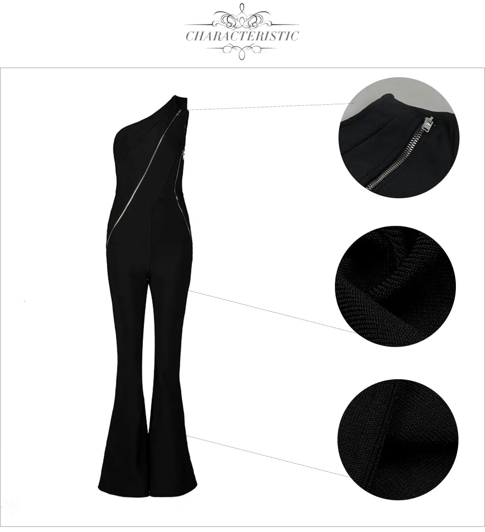 Sexy Black One Shoulder Bandage Long Women Jumpsuit