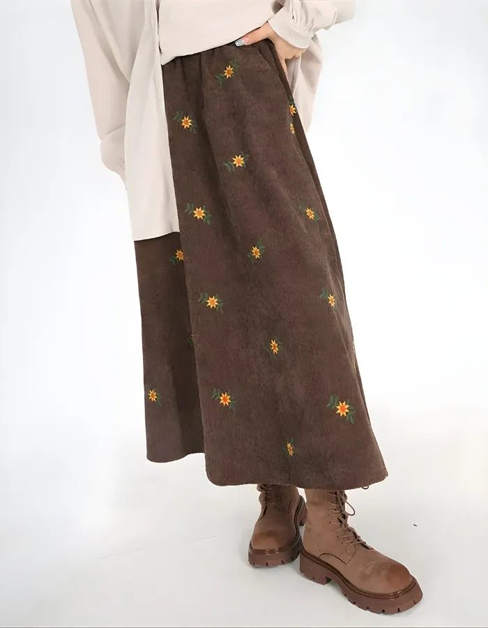 Sunflower Embroidered Corduroy Maxi Skirt