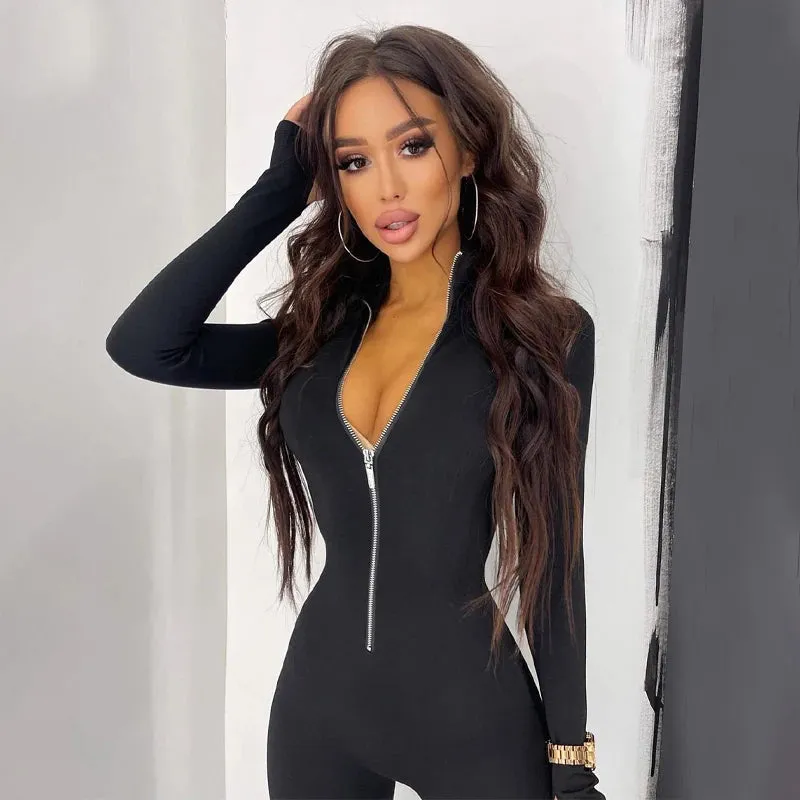 Uniwim Fitness Outfit Female Jumpsuits Casual Sporty Workout Zipper Jumpsuit Women Rompers Long Sleeve Skinny Activity Wear Overalls