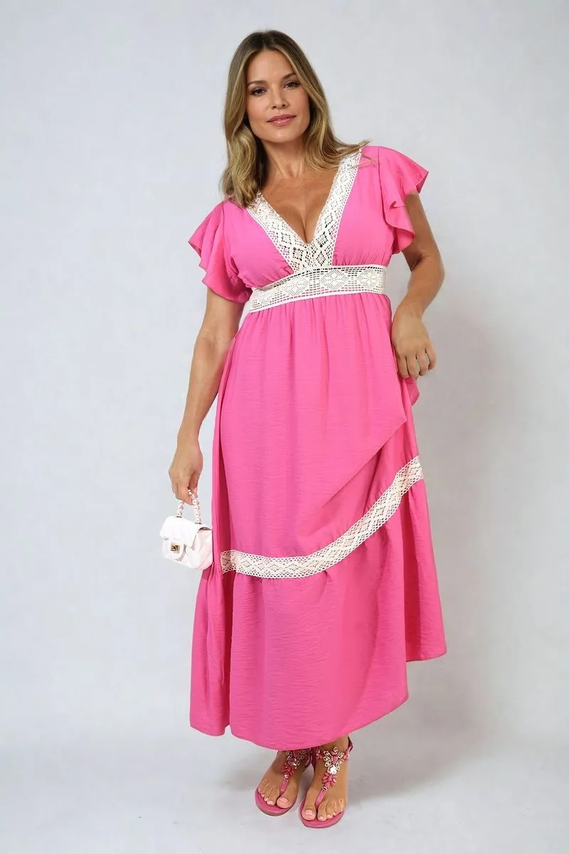 V-neck Lace Trim Maxi Dress