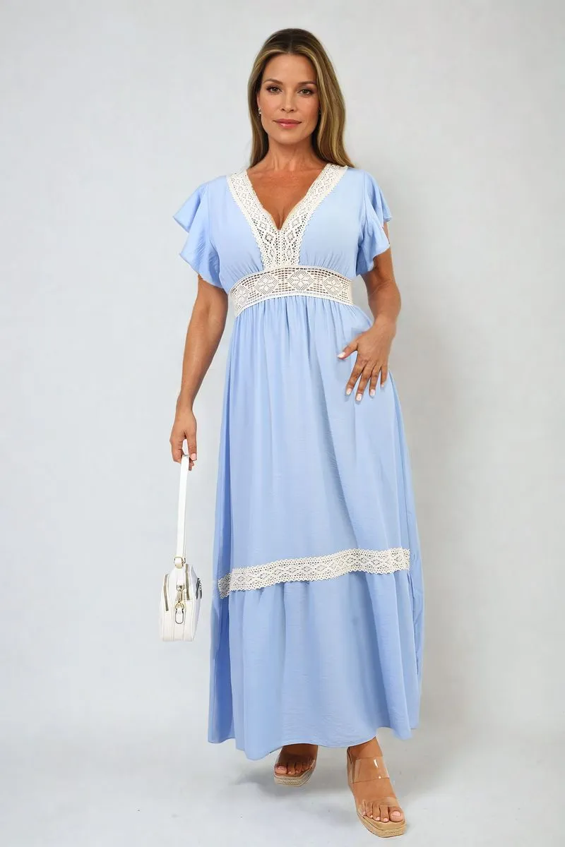 V-neck Lace Trim Maxi Dress