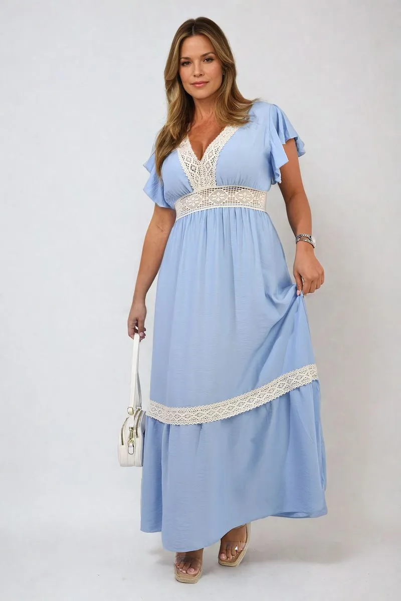 V-neck Lace Trim Maxi Dress