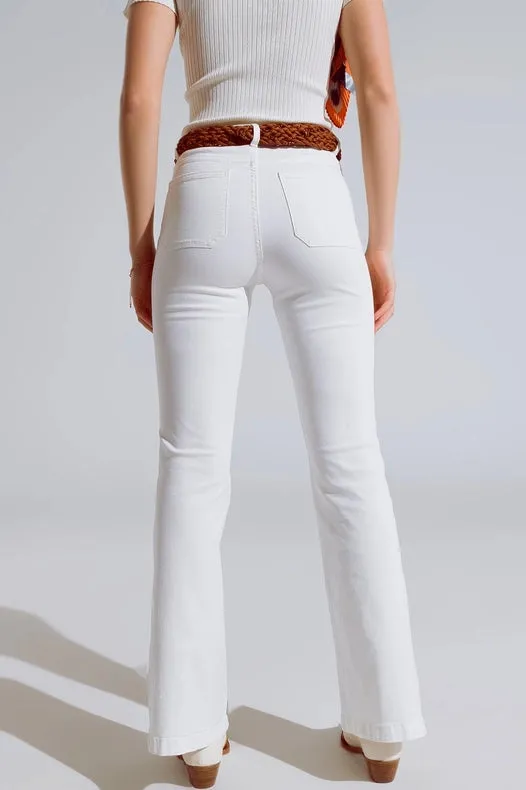 White Skinny Flared Jeans With Front Pocket Detail