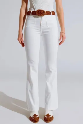 White Skinny Flared Jeans With Front Pocket Detail