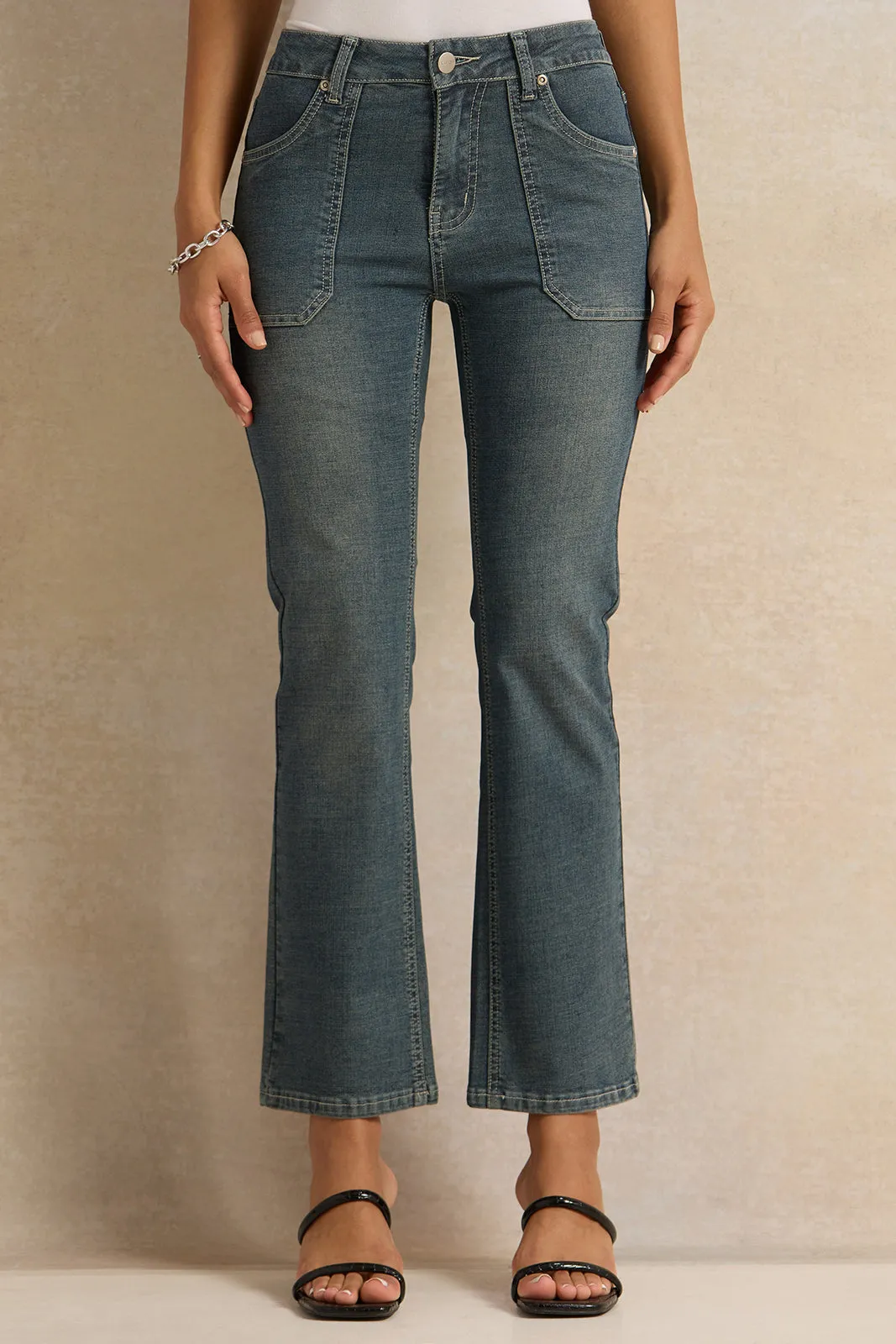 Women Blue Front Pocket Flared Jeans